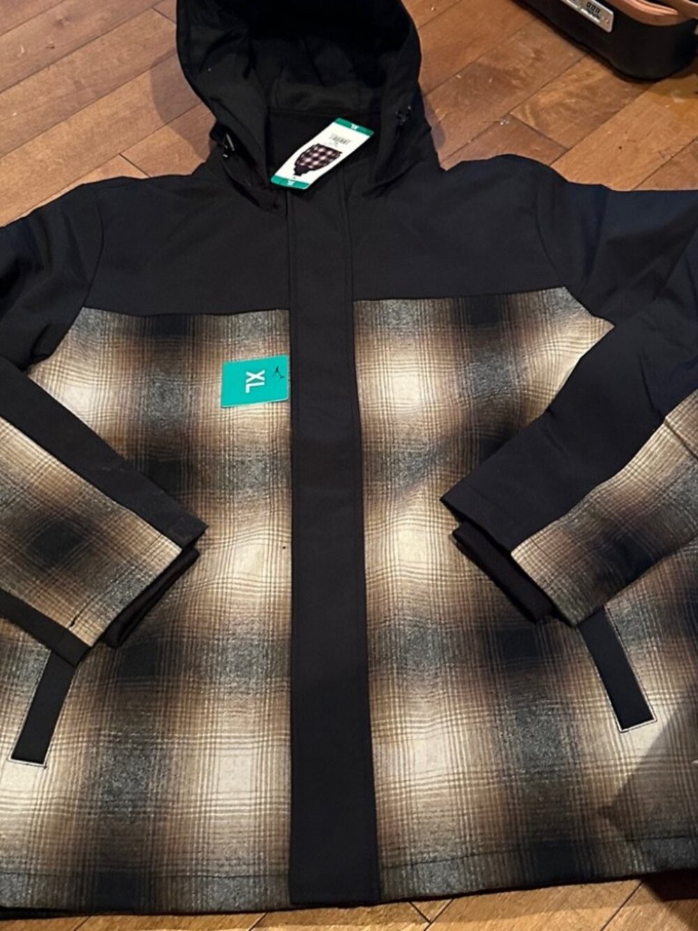 NWT Pendleton Men's Wool-Blend Jacket Removable Hood Black Tan Plaid XL